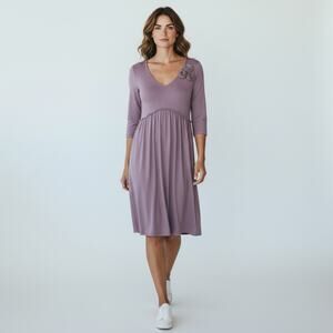 Green Cotton By Garnet Hill dress large V neck empire rosette 3/4 sleeve midi